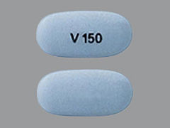 This is a light blue oblong Tablet imprinted with V 150 on the front, nothing on the back, and is manufactured by VERTEX PHARMACE.
