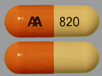 This is a Capsule imprinted with AA  820 on the front, nothing on the back.