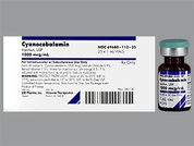 Cyanocobalamin: Esto es un Vial imprimido con nada en la parte delantera, nada en la parte posterior, y es fabricado por None.