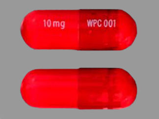 Esto es un Cápsula imprimido con WPC 001 en la parte delantera, 10mg en la parte posterior, y es fabricado por None.