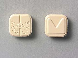 This is a Tablet imprinted with 250  MYSO  LINE on the front, M on the back.