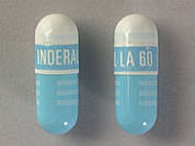 Inderal La: This is a light blue oblong Capsule Er 24hr imprinted with INDERAL LA 60 on the front, nothing on the back, and is manufactured by ANI PHARMACEUTI.