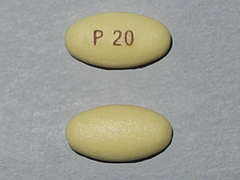 This is a yellow oval Tablet Dr imprinted with P 20 on the front, nothing on the back, and is manufactured by WYETH/PFIZER.