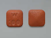Pristiq: This is a reddish-orange square Tablet Er 24 Hr imprinted with W  100 on the front, nothing on the back, and is manufactured by WYETH/PFIZER.