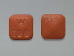 This is a reddish-orange square Tablet Er 24 Hr imprinted with W  100 on the front, nothing on the back, and is manufactured by WYETH/PFIZER.