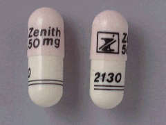 This is a pink oblong Capsule imprinted with logo and Zenith  50 mg on the front, 2130 on the back, and is manufactured by AMNEAL PHARMACE.