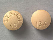 Zestril: Esto es un Tableta amarillo redondo imprimido con ZESTRIL  40 en la parte delantera, 134 en la parte posterior, y es fabricado por TWI/UPSHER.
