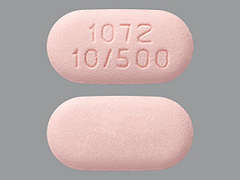This is a pink oblong Tablet I And Extend R Biphase 24hr imprinted with 1072  10/500 on the front, nothing on the back, and is manufactured by ASTRAZENECA.