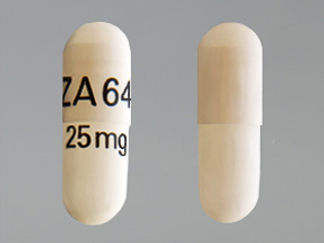 This is a Capsule Sprinkle imprinted with ZA 64 on the front, 25 mg on the back.