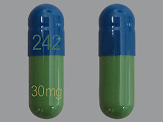 Esto es un Cápsula Dr imprimido con 242 en la parte delantera, 30 mg en la parte posterior, y es fabricado por None.