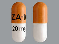 This is a tan oblong Capsule Dr imprinted with ZA-10 on the front, 20 mg on the back, and is manufactured by ZYDUS PHARMACEU.