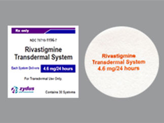 Esto es un Parche Transdérmico 24 Horas imprimido con Rivastigmine  Transdermal System  4.6 mg en la parte delantera, nada en la parte posterior, y es fabricado por None.