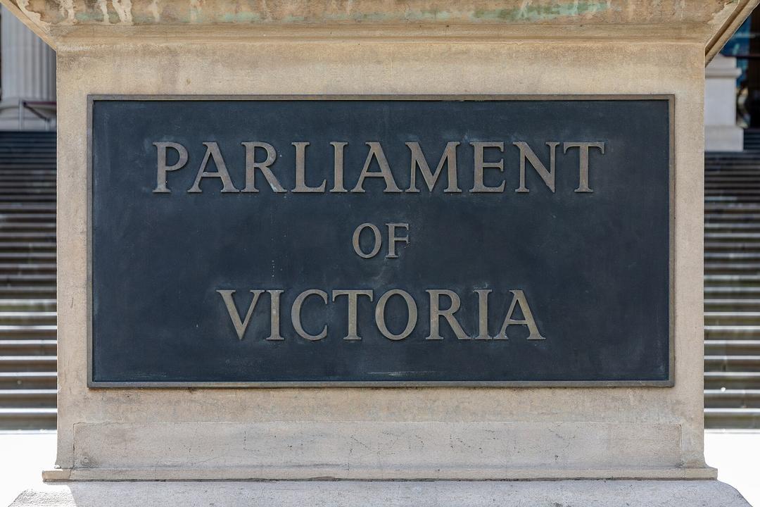 File image: Parliament of Victoria nameplate on stone building facade