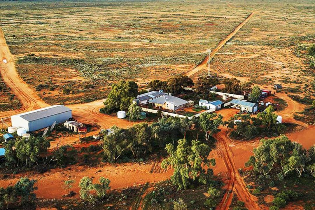 Aerial view of sheep station with white buildings, red dirt roads, scattered trees on sparse inland property