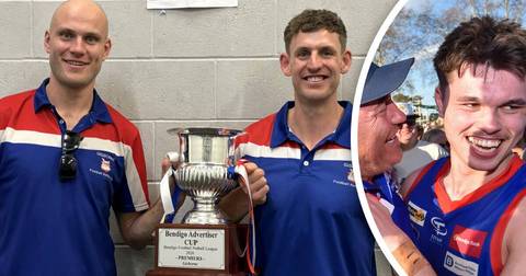 Young footballer holding Bendigo Advertiser Cup trophy; same player celebrating outdoors with older man