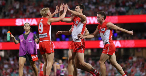 Sydney Swans players celebrate on field during finals match against Brisbane