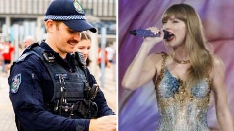 Police officer on left, performer with microphone on right