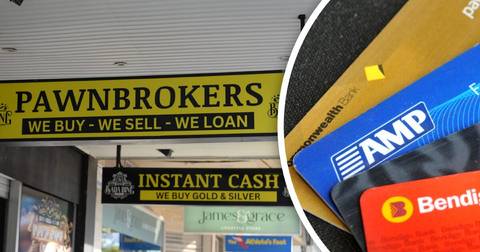 Left: pawn shop storefront signage; right: stacked payment cards including bank branded cards