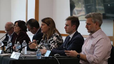 Five people seated at hearing table with microphones during Queensland parliamentary committee proceedings