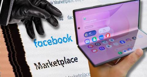 Gloved hand pointing at Facebook Marketplace text with smartphone displaying app interface