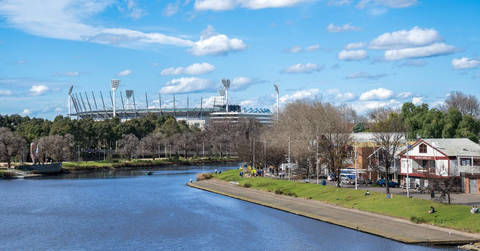 File image: Waterfront park and recreational area with distant stadium