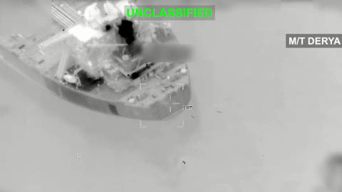 Thermal infrared aerial photograph of vessel with measurement scale and targeting overlay