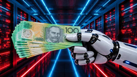 Robot hand holding Australian $100 banknotes in neon-lit data centre server room.