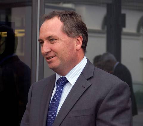 Barnaby Joyce. A man in a grey suit and blue patterned tie stands outdoors in front of glass doors, turned slightly to one side with his mouth slightly open as if speaking.