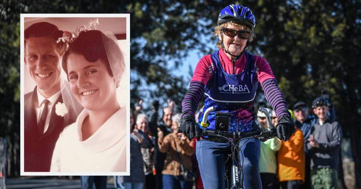 Wedding photo on left, woman on bicycle in cycling gear on right