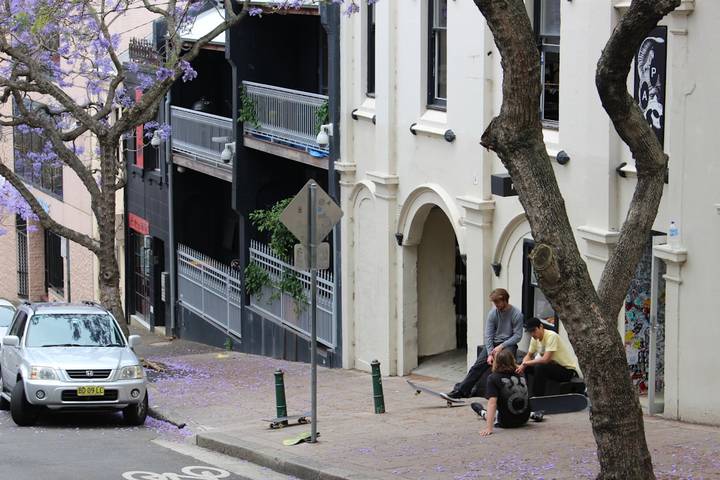 File image: Heritage street with jacaranda trees, skaters resting near buildings