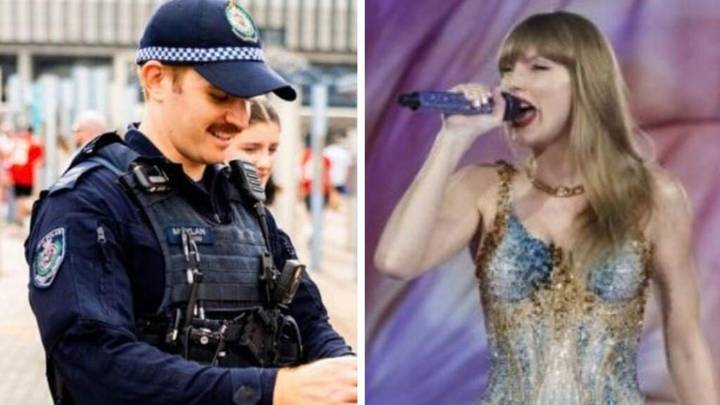 Police officer on left, performer with microphone on right