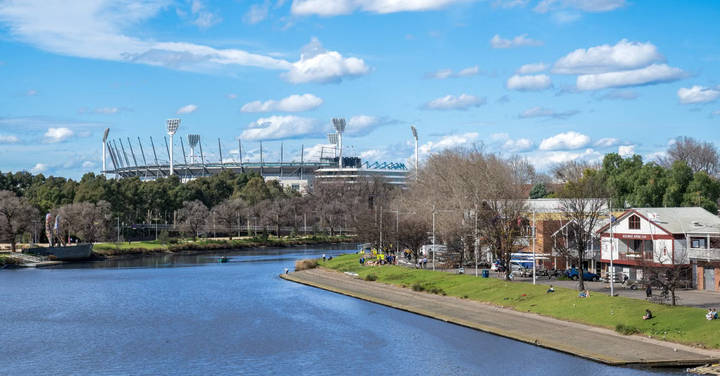 File image: Waterfront park and recreational area with distant stadium
