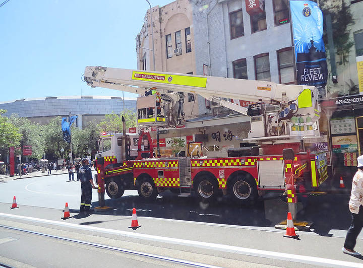 File image: Fire and Rescue NSW aerial platform truck blocking city street