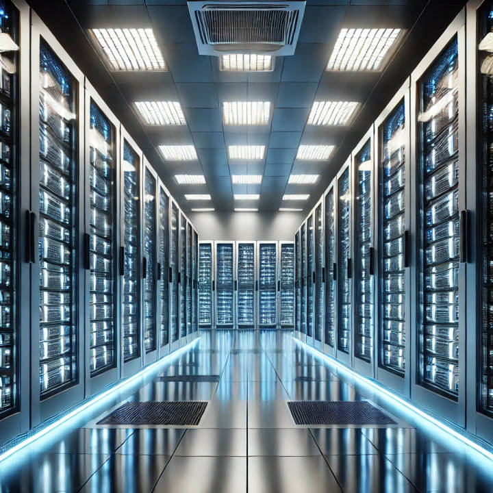 File image: Symmetrical data center corridor with server racks, LED ceiling panels, and blue floor lighting