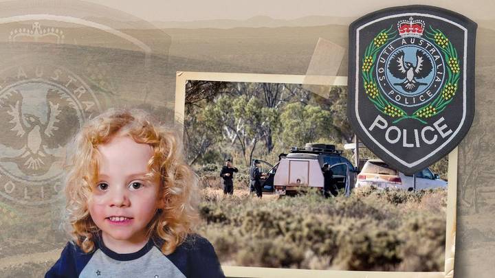 Young child with curly hair; background shows police at bushland scene with vehicles