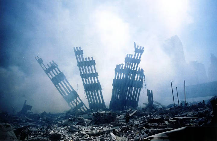 Twisted steel beams and rubble at Ground Zero, New York City, after September 11 collapse