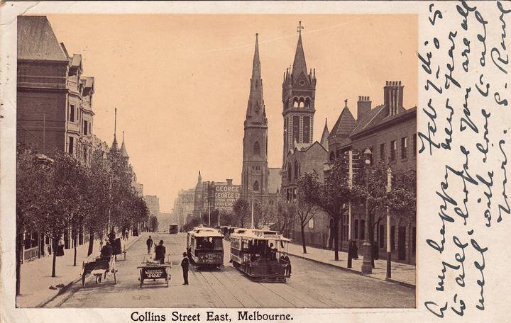 File image: Sepia postcard of Collins Street East Melbourne with trams and church