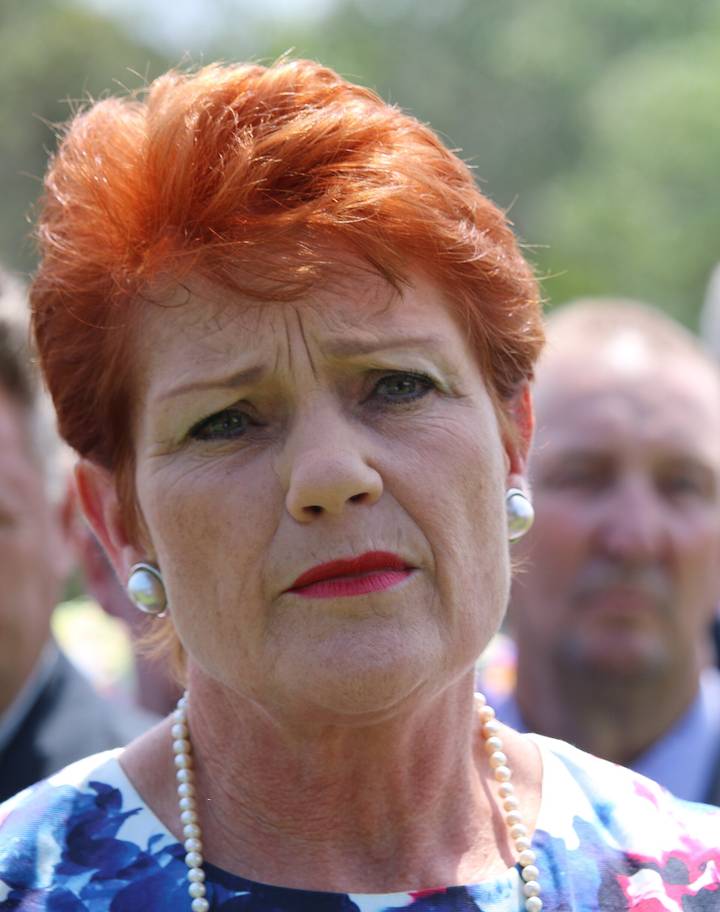 Pauline Hanson. A close-up photograph of a red-haired woman with green eyes, wearing pearl earrings and a pearl necklace, with a serious, slightly furrowed expression, against a blurred outdoor ba