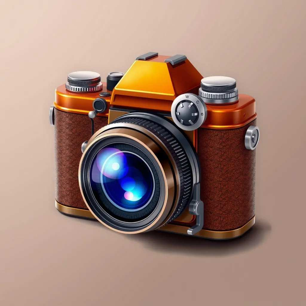 Design an icon of a vintage camera, featuring a classic design with a leather body, circular lens, and intricate knobs and dials. The color palette should include warm browns, deep blacks, and metallic accents, with a glossy finish that reflects light subtly. The background should be a simple, muted color to enhance the camera icon's details, and the edges of the icon should have a slight rounded finish for a modern touch.