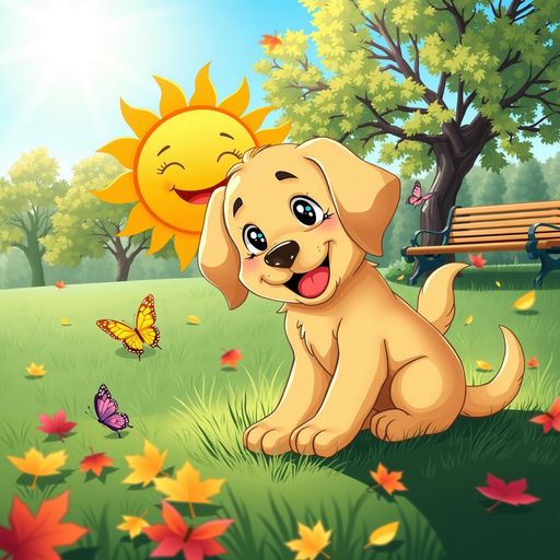 Imageine AI app: A cartoon-style illustration of a playful golden retriever puppy with floppy ears and a wagging tail, sitting in a grassy park under a bright blue sky. The puppy has big, expressive eyes and is surrounded by colorful butterflies and a few scattered autumn leaves. A cheerful sun with a smiling face peeks from the corner, casting warm rays of light over the scene. In the background, there are trees with green foliage and a wooden park bench, creating a vibrant and inviting atmosphere., high detail