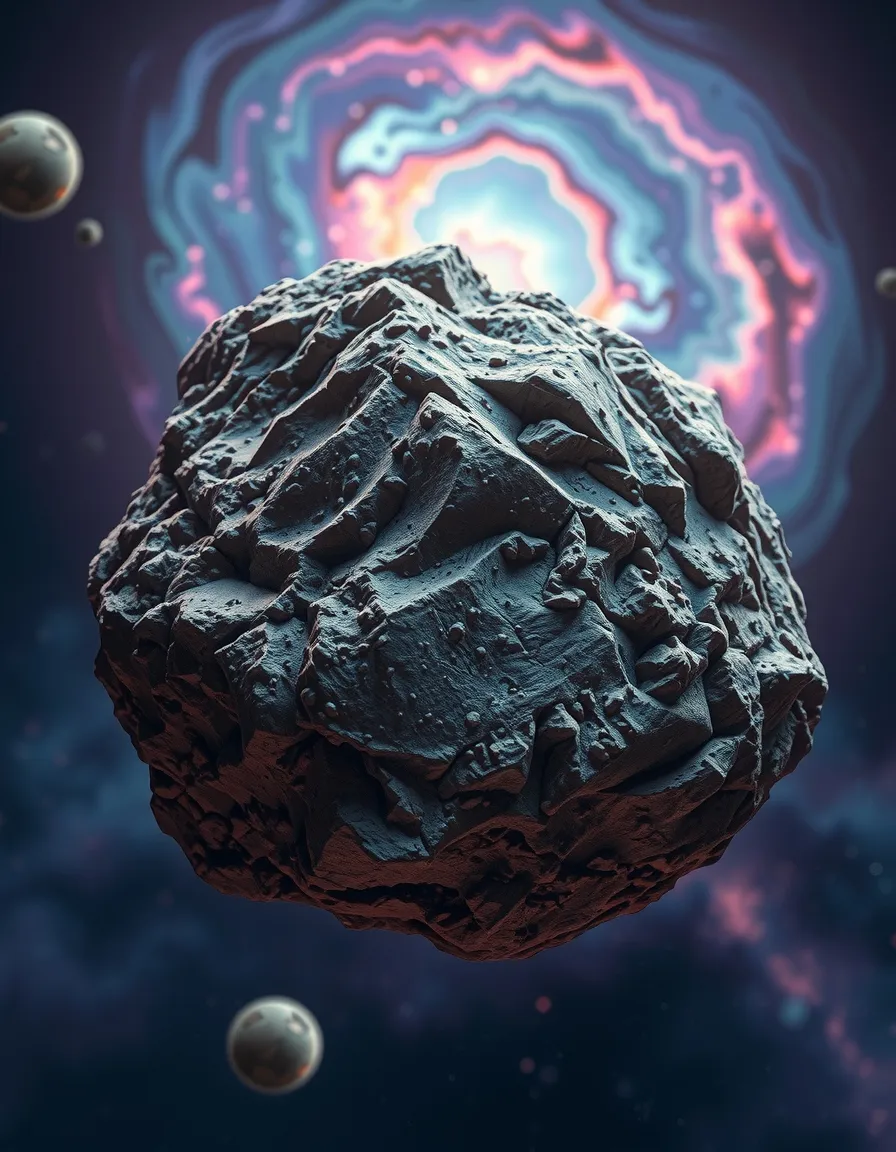 A close-up view of a rugged, rocky asteroid floating in the vastness of space, with a textured surface featuring craters and ridges illuminated by distant starlight. In the background, a colorful nebula and other celestial bodies create a vibrant cosmic landscape, with swirling colors of blue, purple, and pink. A faint trail of space dust follows the asteroid, enhancing its motion through the void.