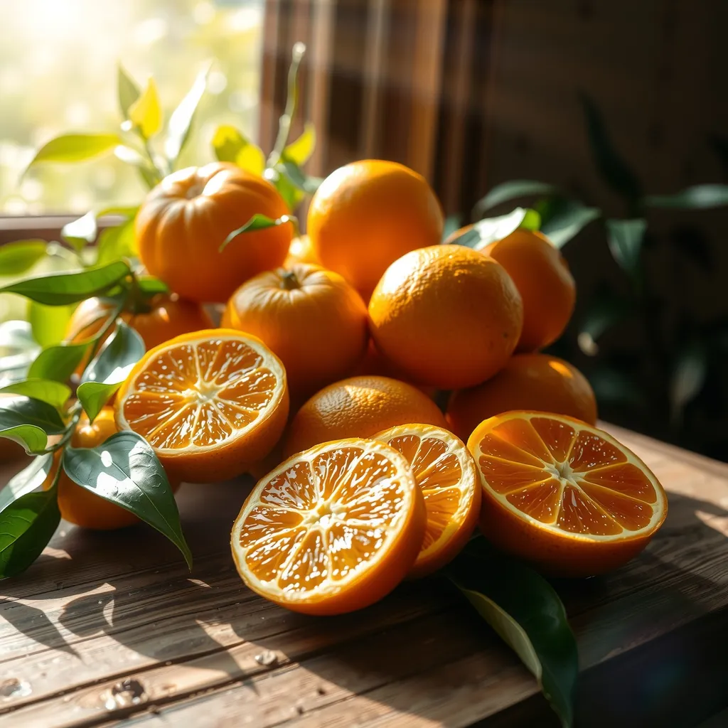 A vibrant still life composition featuring a variety of oranges, some sliced open to reveal their juicy, textured interior, arranged on a rustic wooden table. Sunlight streams in through a nearby window, casting warm, golden light on the scene, while shadows dance across the table. In the background, a soft-focus view of lush greenery adds a touch of nature, enhancing the fresh and zesty atmosphere.