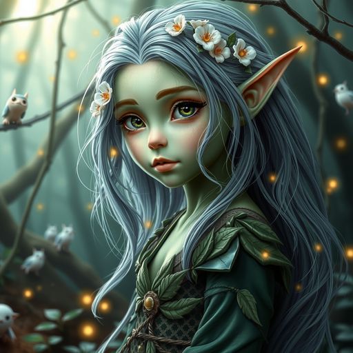 Imageine AI app: Create a whimsical fantasy profile picture featuring a young elf with shimmering emerald green skin and long, flowing silver hair adorned with delicate flowers. The background is a mystical forest with soft, glowing lights and ethereal creatures hiding among the trees. The elf is wearing an elegant, intricately patterned robe made of leaves and vines, and has large, expressive eyes that reflect curiosity and wonder. The overall atmosphere is enchanting and otherworldly, capturing the essence of a magical realm., high quality