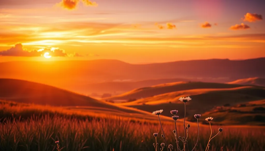Create a captivating website header background featuring a serene landscape at sunset. The scene should include rolling hills bathed in warm golden light, with a vibrant sky transitioning from orange to deep purple, dotted with fluffy clouds. In the foreground, include silhouettes of delicate wildflowers swaying gently in the breeze. The overall composition should evoke a sense of tranquility and invite visitors to explore the website further. Use soft gradients and gentle textures to enhance the calming atmosphere.