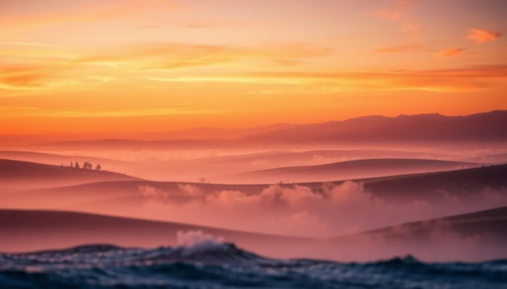 Create an elegant website header background featuring a serene landscape at sunset. The scene should include rolling hills with a gradient of warm colors—orange, pink, and purple—fading into a twilight sky filled with soft, wispy clouds. Add subtle silhouettes of distant trees on the horizon and gentle, rolling waves in the foreground. The overall mood should evoke tranquility and inspiration, with a slight blur effect to ensure text overlaid on the header remains legible. Include areas of soft light to create depth and make the design inviting for users.