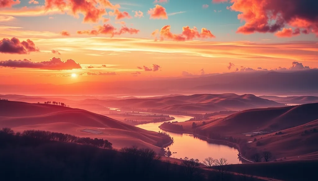 Create a vibrant and eye-catching website mast background featuring a dreamy landscape. Incorporate rolling hills under a sunset sky with shades of pink and orange, dotted with fluffy clouds. Add elements such as a winding river reflecting the colors of the sky, and silhouettes of trees in the foreground. Integrate abstract geometric shapes subtly in the corners to provide a modern touch, ensuring the overall composition feels harmonious and inviting for visitors to explore.