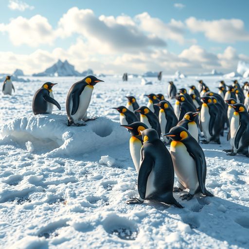 Imageine AI app: A charming scene of a group of playful penguins gathered on a snowy Antarctic landscape, with some sliding down a small ice slope while others waddle around and interact with each other. The background features icebergs and a clear blue sky with fluffy white clouds, while the foreground showcases the texture of the snow and small patches of icy water, highlighting the vibrant black and white colors of the penguins