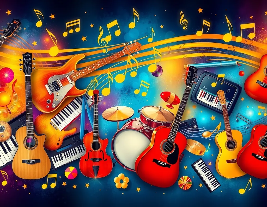 Create a vibrant and colorful musical themed background that features a dynamic collage of various musical instruments like guitars, pianos, violins, and drums, interspersed with swirling notes and treble clefs. The background should have a lively gradient from deep blues to bright yellows, simulating a lively concert atmosphere. Include subtle textures that evoke sound waves and rhythms, with light sparkles to add a sense of energy and movement, perfect for a modern wallpaper design.