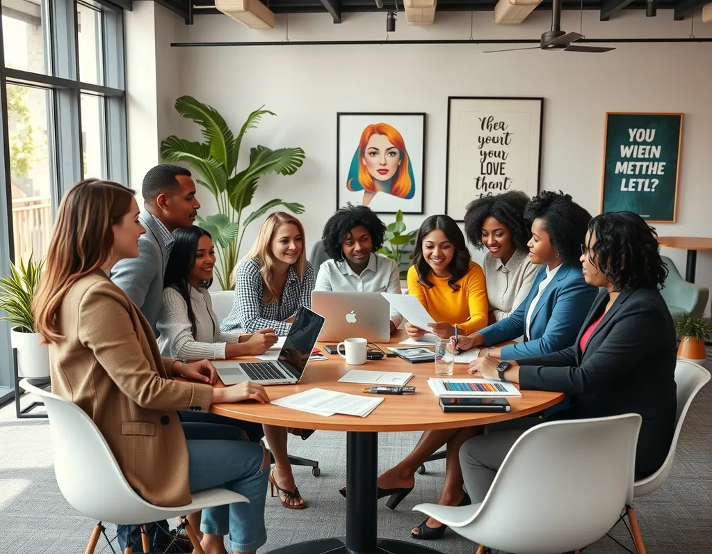 Create a vibrant and engaging portrait of a diverse group of professionals in a modern office space. The setting should reflect a collaborative environment with large windows letting in natural light. Include individuals of different ethnicities and genders, dressed in smart casual attire, engaged in conversation and brainstorming at a round table filled with documents, laptops, and creative materials. The background should showcase stylish office decor, plants, and motivational artwork on the walls to emphasize a dynamic and innovative workplace atmosphere.