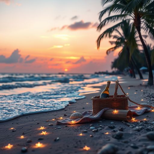 Imageine AI app: Create a romantic-themed background wallpaper featuring a dreamy sunset over a tranquil beach. The scene should include soft, pastel-colored sky hues of pink, orange, and lavender, with gentle waves lapping at the shore. Silhouettes of palm trees frame the sides, and scattered star-shaped lights twinkle in the foreground, adding a magical touch. Include a cozy beach blanket with a picnic basket and a bottle of wine, suggesting a romantic picnic for two, while delicate seashells and pebbles are scattered along the wet sand, enhancing the intimate atmosphere. The overall vibe should be serene, dreamy, and perfectly suited for a romantic escape.